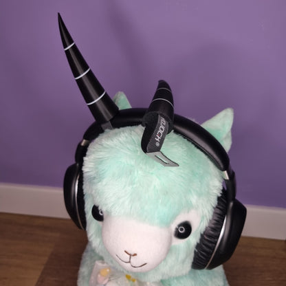 Headset accessory: 3d printed imp horns (black with white lines)