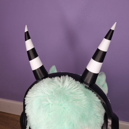 Headset accessory: 3d printed imp horns (black & white stripes)