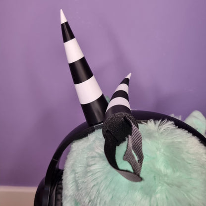 Headset accessory: 3d printed imp horns (black & white stripes)