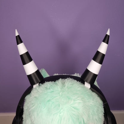 Headset accessory: 3d printed imp horns (black & white stripes)