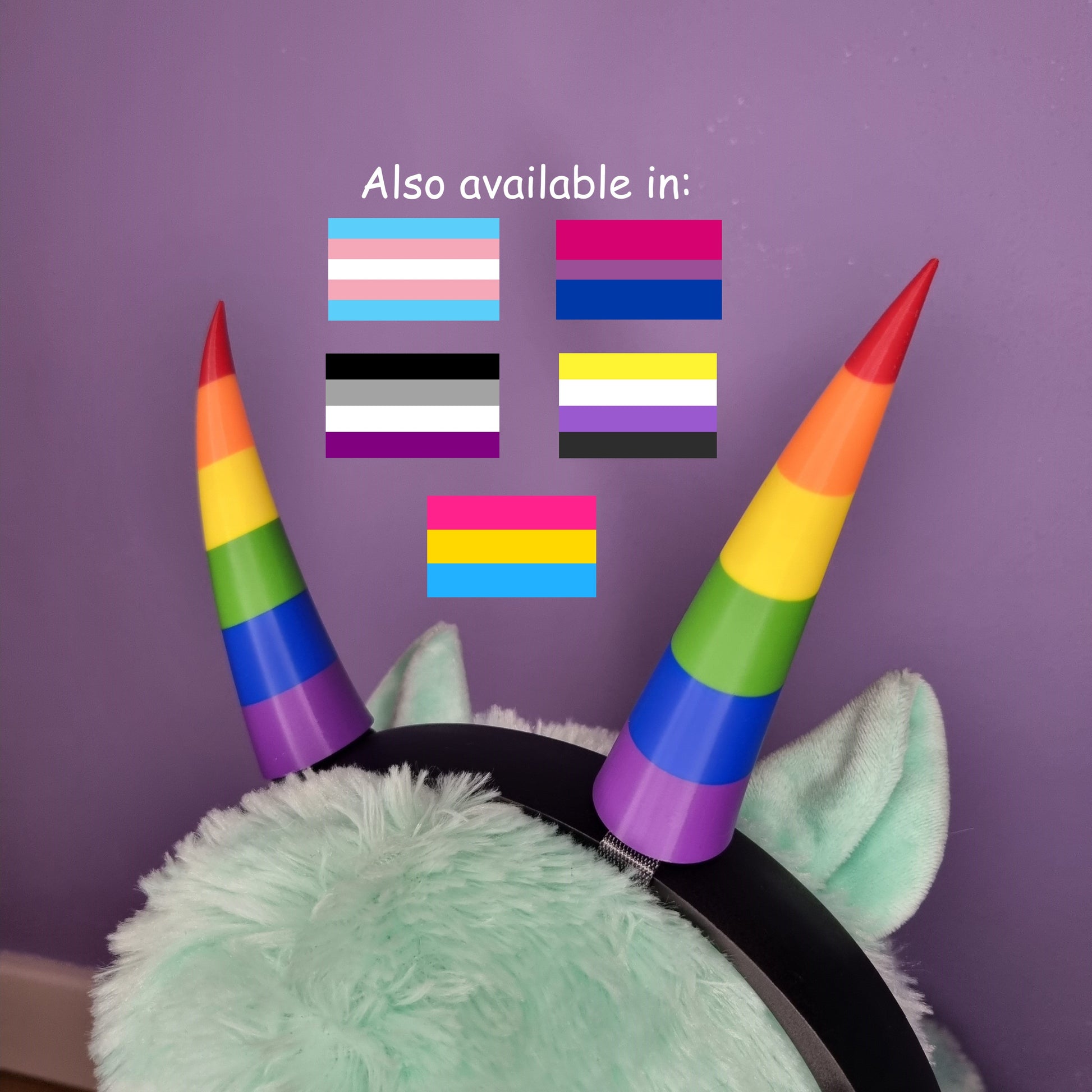 Lgbtq pride gay horns accessory for a headset in rainbow color, attached to headphones. Accessory for transgender, bisexual, asexual, pasexual and non-binary flags. Trans, bi, pan, ace and enby merch.