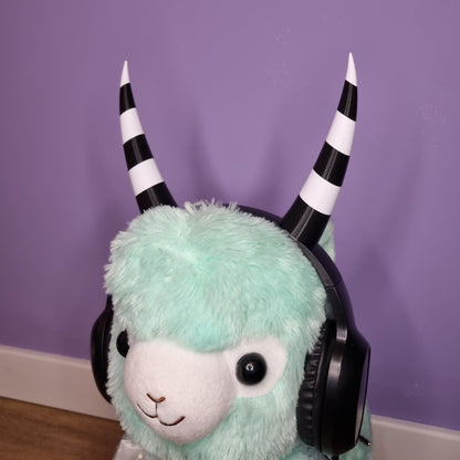 Headset accessory: 3d printed imp horns (black & white stripes)