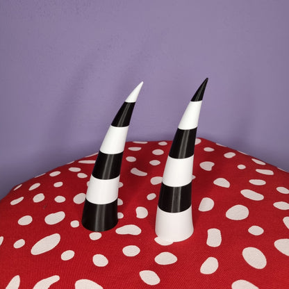 Pair of inwards imp horns (black & white stripes)