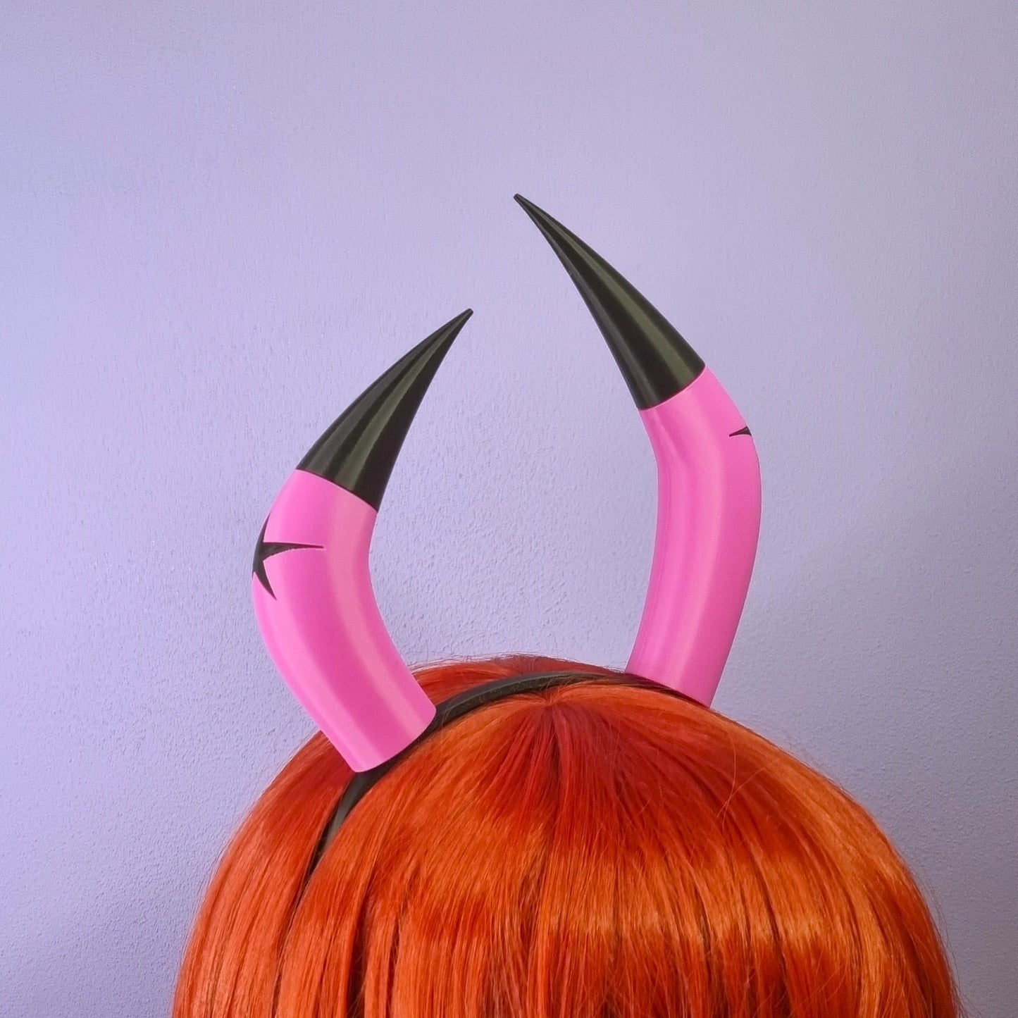 Verosika Mayday cosplay horns from Helluva Boss (inspired by). Succubus pink with black star horns.