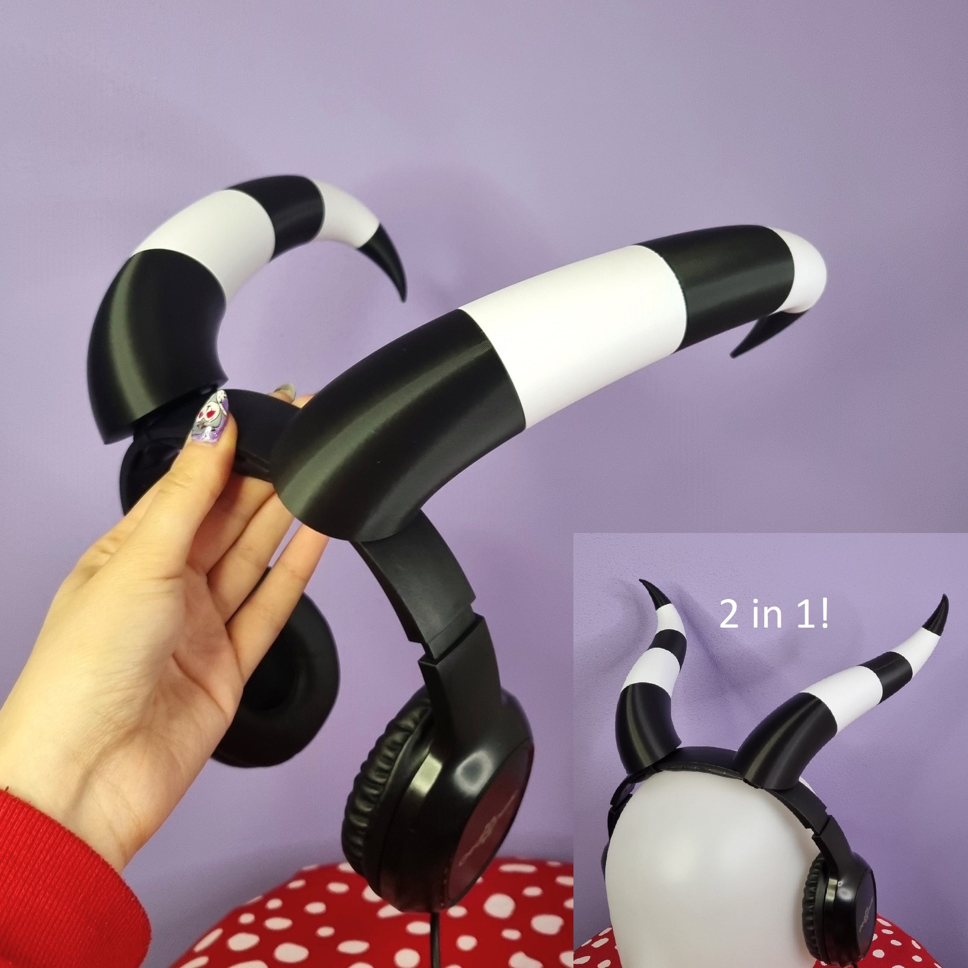 Helluva boss Blitzo and Moxxie imp horns for cosplay or halloween, they are black and white and they can be attached to headphones as a headset accessory