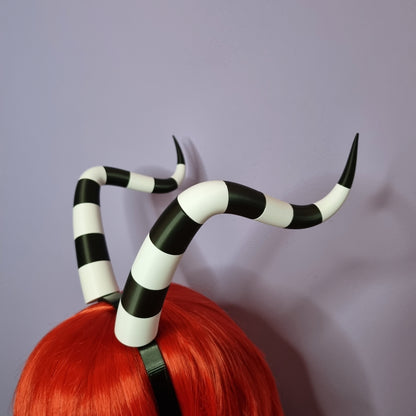 Long twisted 3d printed black & white imp cosplay horns