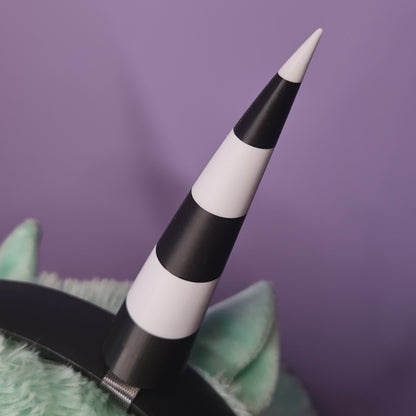 Headset accessory: 3d printed imp horns (black & white stripes)